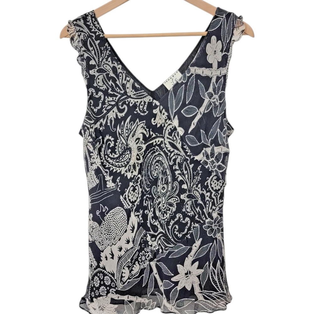 Vintage ICE Top Womens XL‎ Black Y2K Silk Fairy Ruffles Sheer Romantic Floral